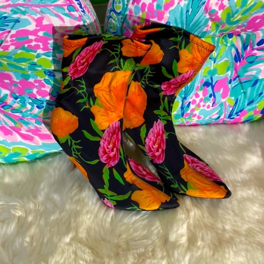 Rouge! bright orange and pink floral on black booties